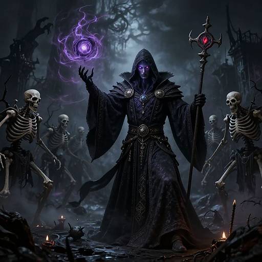 Dark sorcerer with glowing purple eyes and hooded robe casts spell, surrounded by skeletal warriors, holding staff with red gem, in eerie, foggy