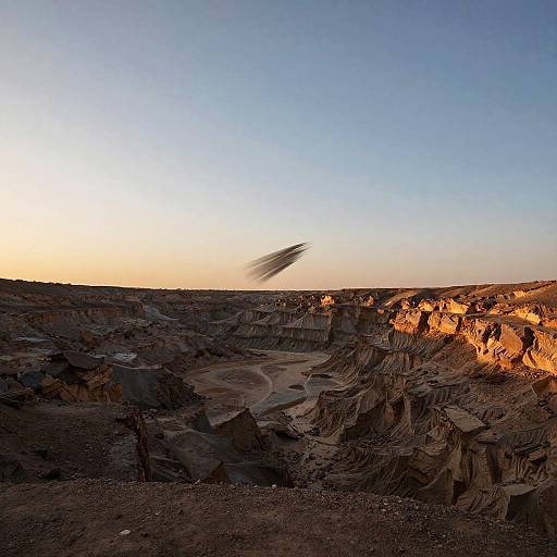 Photograph of a vast, rugged desert landscape at sunset, with a long, blurred shadow cast across the rocky terrain under a clear, blue sky.