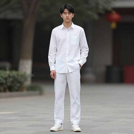Photograph of a young Asian man with black hair, wearing a white long-sleeve shirt and matching white pants, standing outdoors on a paved street