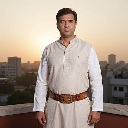 Photograph of a middle-aged Indian man with short black hair, wearing a white traditional kurta with a brown belt, standing on a rooftop against a