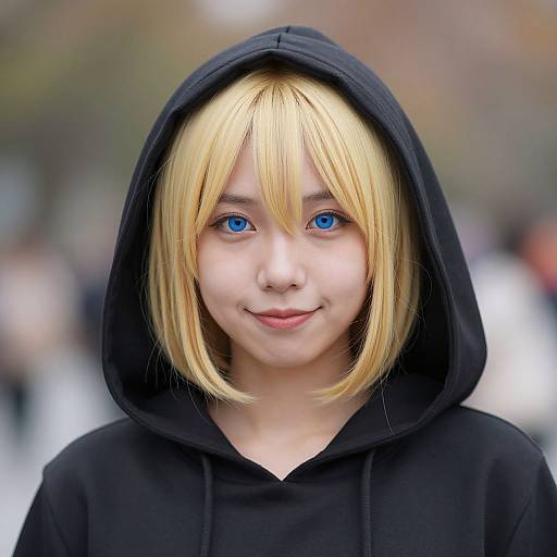 Photograph of a young person with blonde hair, blue eyes, and fair skin, wearing a black hooded sweatshirt, smiling slightly, with a
