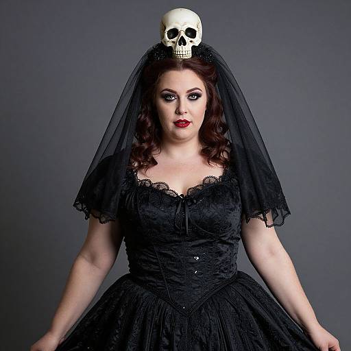Photograph of a pale-skinned woman with red hair, black lace dress, and veil, wearing a skull on her head, against a gray background