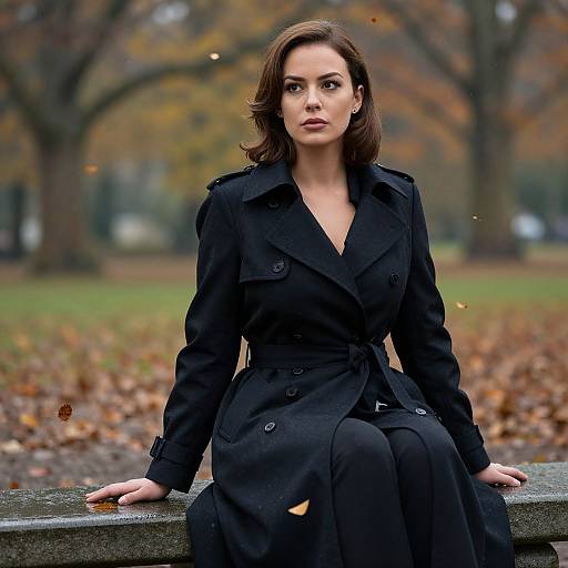 Photograph of a serious, fair-skinned woman with shoulder-length brown hair, wearing a black belted coat, sitting on a stone bench in an
