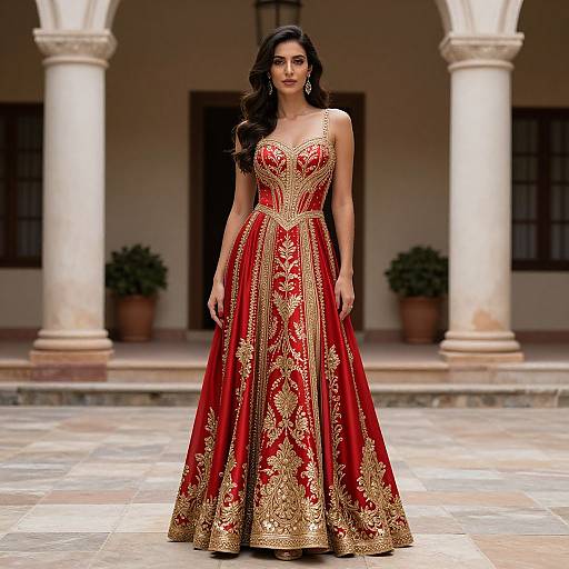 Photograph of a beautiful woman with long dark hair, wearing an elaborate red and gold embroidered gown, standing in a colonnaded courtyard.