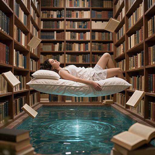 Photograph-like digital art: Woman in white dress, floating on pillow above water, surrounded by floating books in a library.