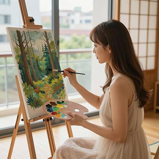 Asian Woman Painting Forest Scene Indoors