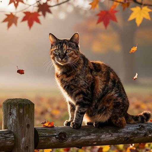 Photograph of a tortoiseshell cat with green eyes sitting on a wooden fence, surrounded by autumn leaves and warm sunlight.