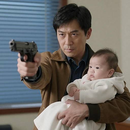 Intense Man Holding Baby and Gun