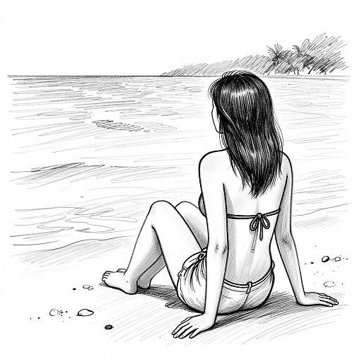 Black-and-white sketch of a woman with long hair, sitting on a beach, facing the ocean, wearing a bikini, with rocks and palm trees in