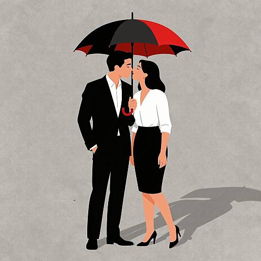Couple Kissing Under Umbrella Illustration