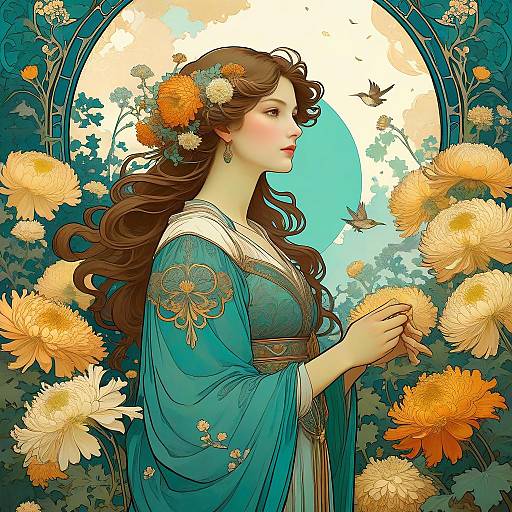 Art Nouveau Woman in Chrysanthemum Garden