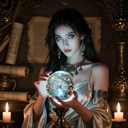 Digital artwork of a mystical woman with glowing green eyes, holding a reflective orb, in a dimly lit, candlelit, medieval-style room.