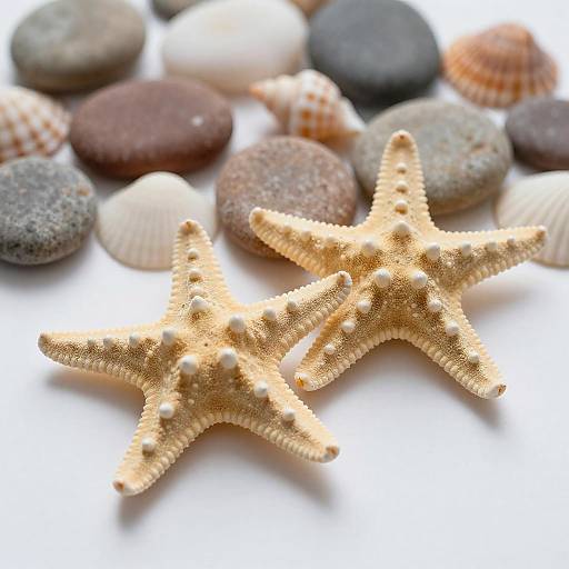 Two Cream Starfish with Smooth Stones and Seashells