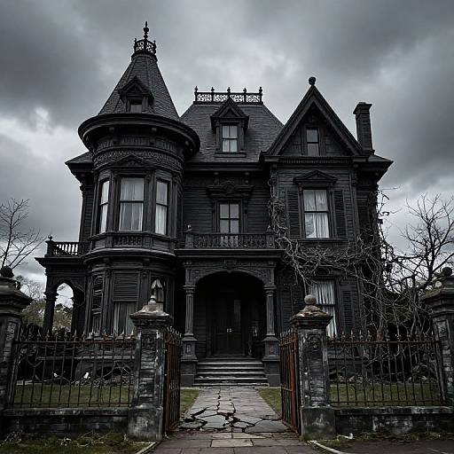 Photograph of a dark, Gothic-style Victorian mansion with pointed turrets, arched windows, and ornate ironwork, under a stormy,
