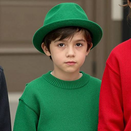 Photograph of a young boy with fair skin, dark brown eyes, and straight brown hair, wearing a green knit hat and sweater, standing between people