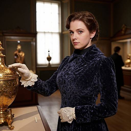 Photorealistic digital portrait of a Victorian-era woman in a dark velvet dress, lace gloves, and short brown hair, holding an ornate golden urn