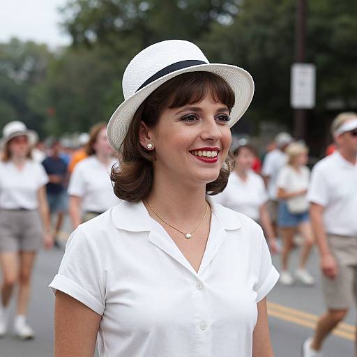 Photograph of a smiling woman with fair skin, brown hair, red lipstick, white polo shirt, and white hat, standing in a bustling outdoor parade