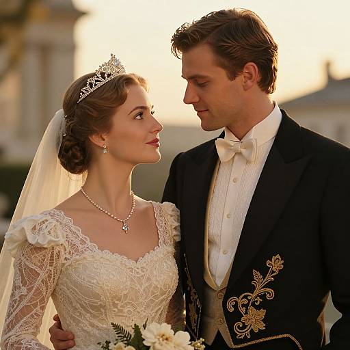 Photograph of a bride and groom in formal wedding attire, looking at each other with soft smiles, set against a sunlit background.