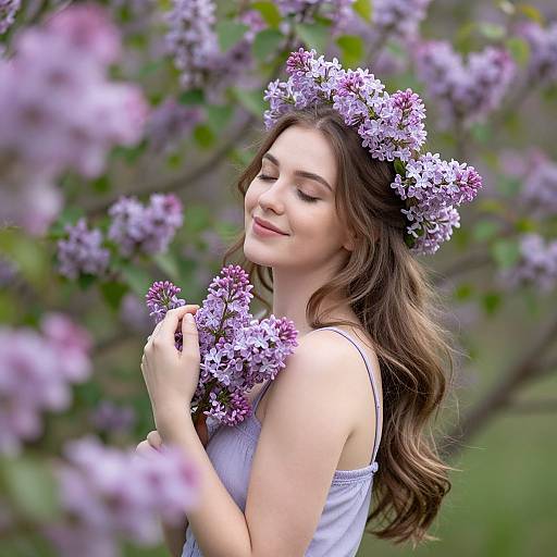 Young woman with long brown hair, wearing a white tank top, smiling while holding and wearing a lilac flower crown, surrounded by blooming lilac