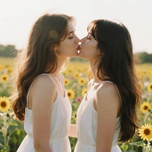 Photograph of two young women with long brown hair, kissing in a sunlit sunflower field, wearing white sleeveless dresses.