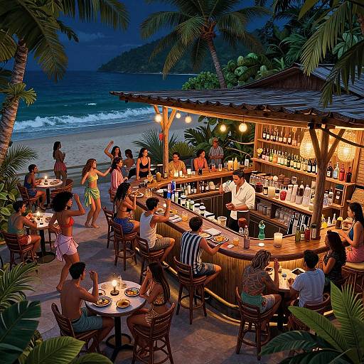 Vibrant beachside bar at night, illuminated by string lights, surrounded by palm trees, with patrons in summer attire enjoying drinks and food by the