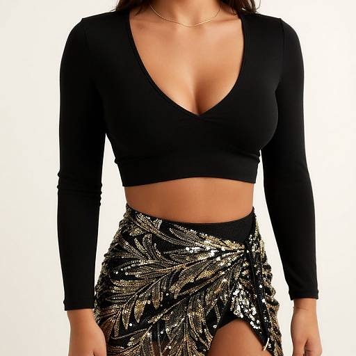 Photograph of a woman with tan skin wearing a black, long-sleeved, deep V-neck crop top and a black sequined skirt with gold