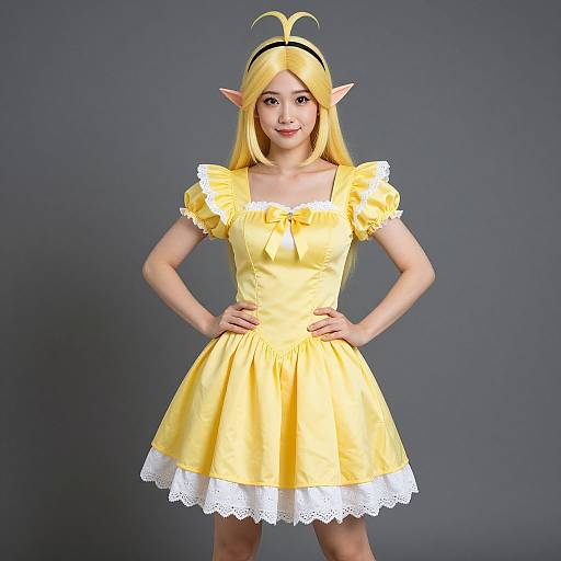 Photograph of a young Asian woman cosplaying as a yellow-dressed elf with long blonde hair, pointed ears, and hands on hips.