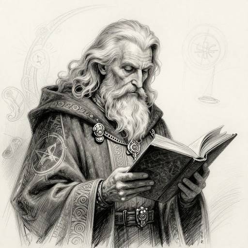 Monochrome digital drawing of an elderly wizard with long white hair and beard, wearing ornate robes, reading an ancient book.