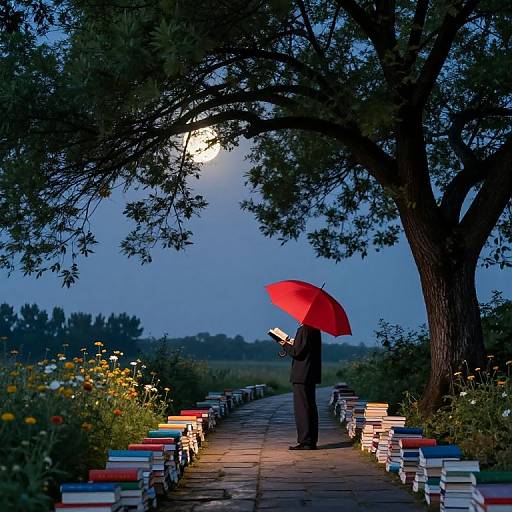 Photograph of a person in a black suit holding a red umbrella, standing on a moonlit path lined with colorful books under a large tree.