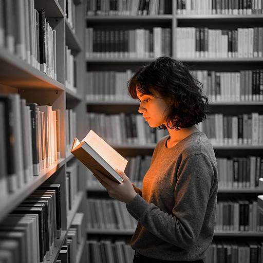 Photograph of a curly-haired woman in a gray sweater, reading a glowing book in a dimly lit library, surrounded by bookshelves.