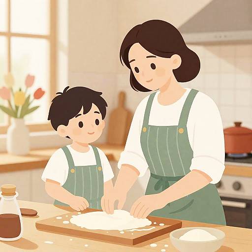 Retro Mother and Son Baking Illustration