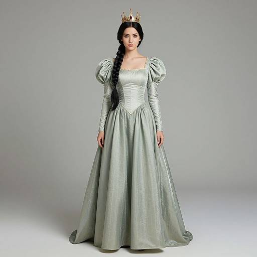 Photograph of an East Asian woman with long black hair in a braid, wearing a silver satin princess gown and gold crown, standing against a plain