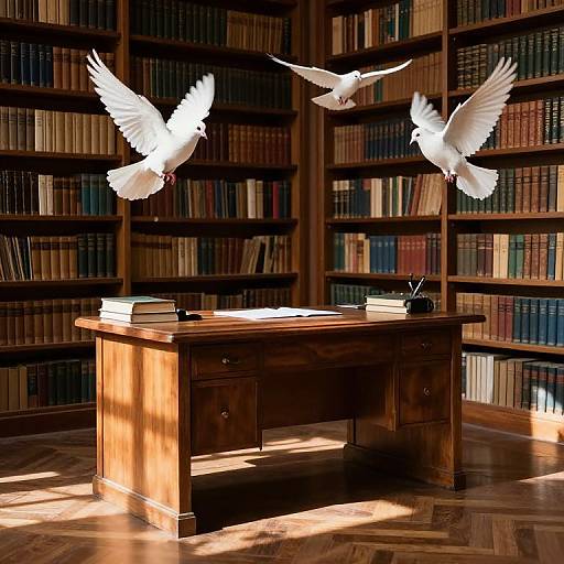 Photograph of a sunlit library with two white doves flying above a wooden desk, surrounded by tall bookshelves filled with books.