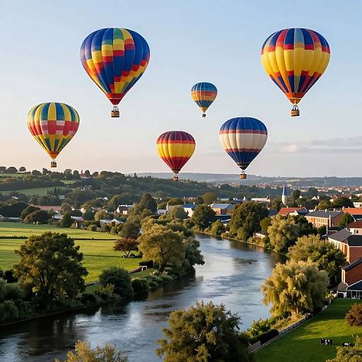 Photograph of colorful hot air balloons floating over a serene riverside village with lush green fields and trees, under a clear blue sky.