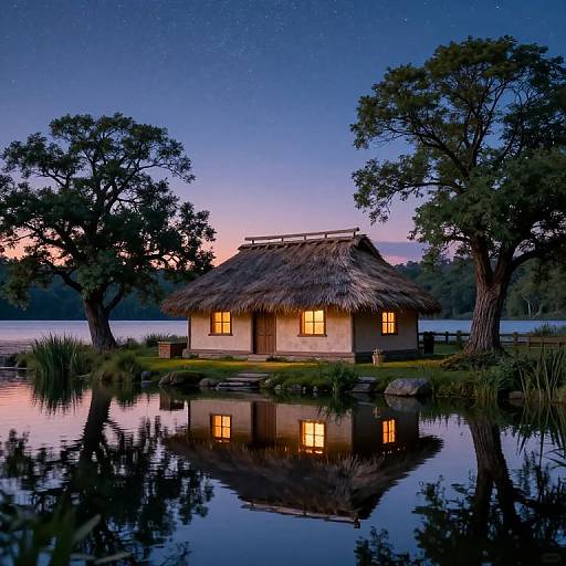 Photograph of a quaint, thatched-roof cottage with glowing windows, reflected in a tranquil lake at twilight, surrounded by trees under a starry