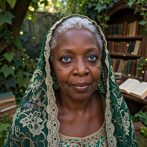 Photograph of an elderly African woman with deep brown skin and blue eyes, wearing a green embroidered headscarf, standing in a lush garden with book