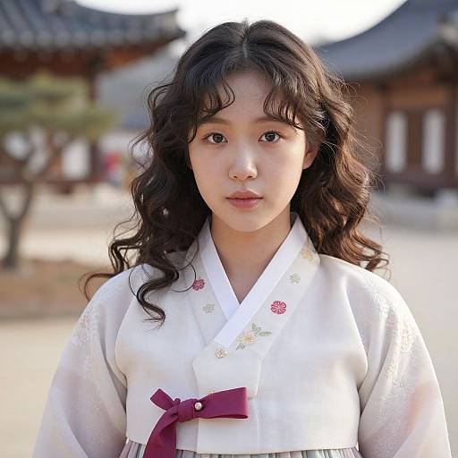Photograph of a young Asian woman with long, wavy black hair, wearing a white traditional Korean hanbok with a red bow, standing in