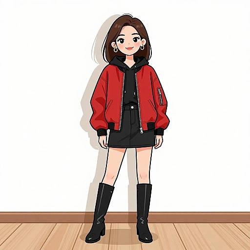 Digital anime-style drawing of a young woman with fair skin, brown hair, wearing a red bomber jacket, black shorts, black knee-high boots, and