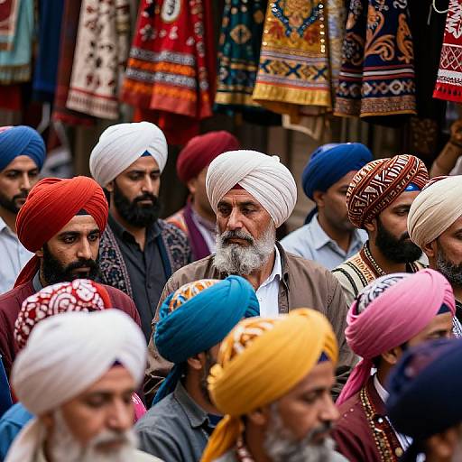 Photograph of diverse men with colorful turbans, beards, and traditional clothing, standing closely together in a vibrant market stall.