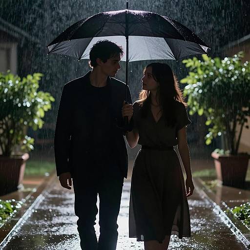 Romantic Silhouette Under Rainy Umbrella