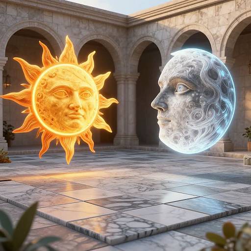 Photograph of a sun and moon face sculpture in a marble courtyard with arches; the sun glows orange, the moon is white.