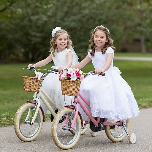 Photograph of two young girls in white dresses and floral headbands, riding pink and yellow bicycles, with flower baskets, smiling, on a park path