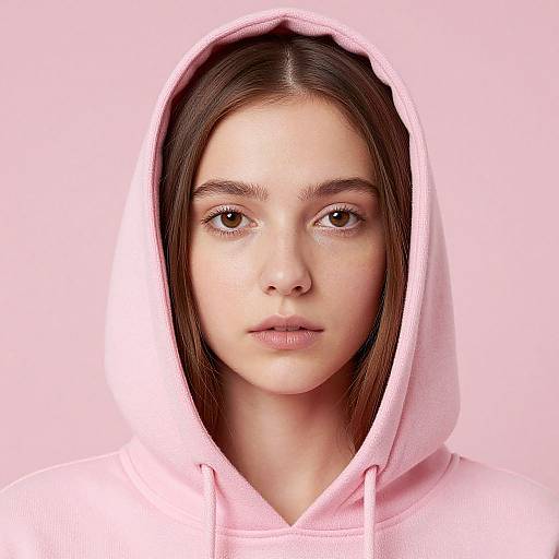 Photograph of a young woman with fair skin, brown eyes, and straight brown hair, wearing a pink hoodie with the hood up, against a solid