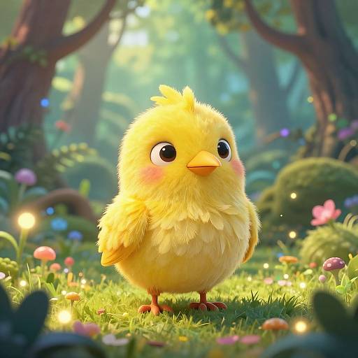 Whimsical Yellow Bird in Enchanted Forest