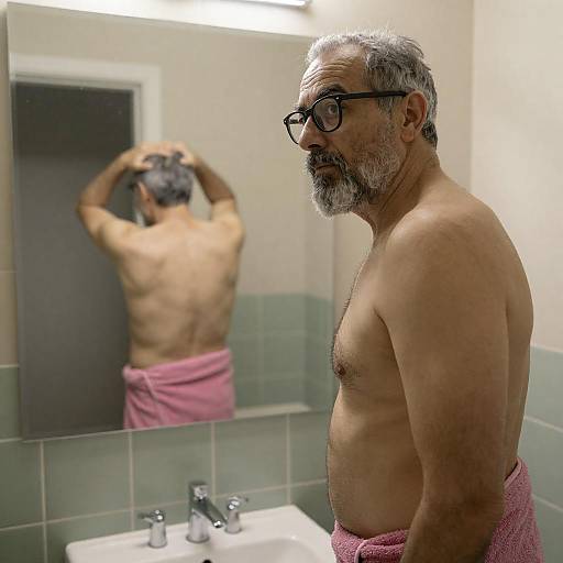 Middle-aged man in bathroom with towel