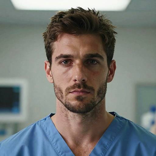 Photograph of a handsome, bearded Caucasian man with short brown hair, wearing blue medical scrubs, looking serious, in a brightly lit hospital room