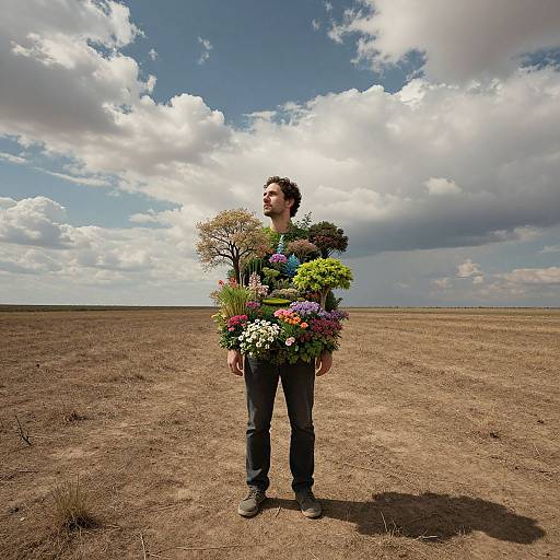 Surreal Man with Garden Growing from Chest in Arid Field