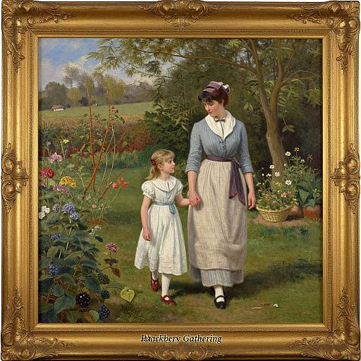 Victorian-era painting of a mother in a blue dress and apron, holding hands with a young girl in a white dress, walking through a vibrant