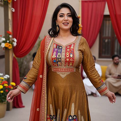 Photograph of a smiling Indian woman with dark hair, wearing a gold and red embroidered traditional kurti, standing in a courtyard with red curtains and