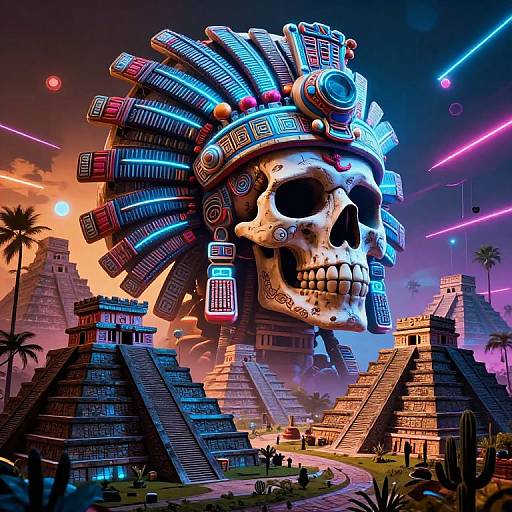 Digital artwork of a giant, skeletal Aztec warrior with glowing, neon headdress, towering over pyramids at sunset, neon lights, palm trees.